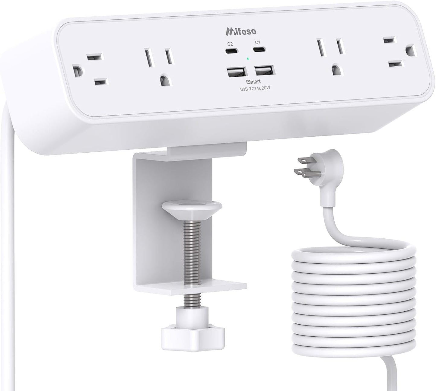 Mifaso PD30W Desk Clamp Power Strip, Surge Protector, Fast Charging Station | 4 Outlets, 4 USB (2 USB C), 5FT Extension Cord, Desk Organizer Gaming Accessories Office Essentials, Fits 1.96" Tabletop Edge