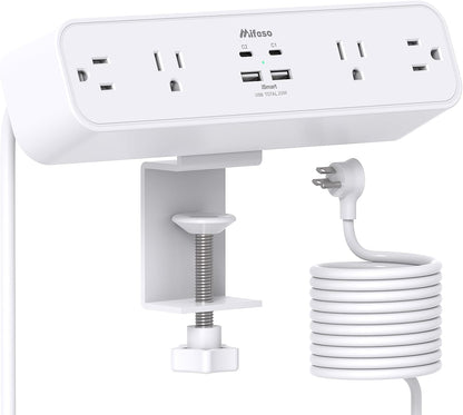 Mifaso PD30W Desk Clamp Power Strip, Surge Protector, Fast Charging Station | 4 Outlets, 4 USB (2 USB C), 5FT Extension Cord, Desk Organizer Gaming Accessories Office Essentials, Fits 1.96" Tabletop Edge
