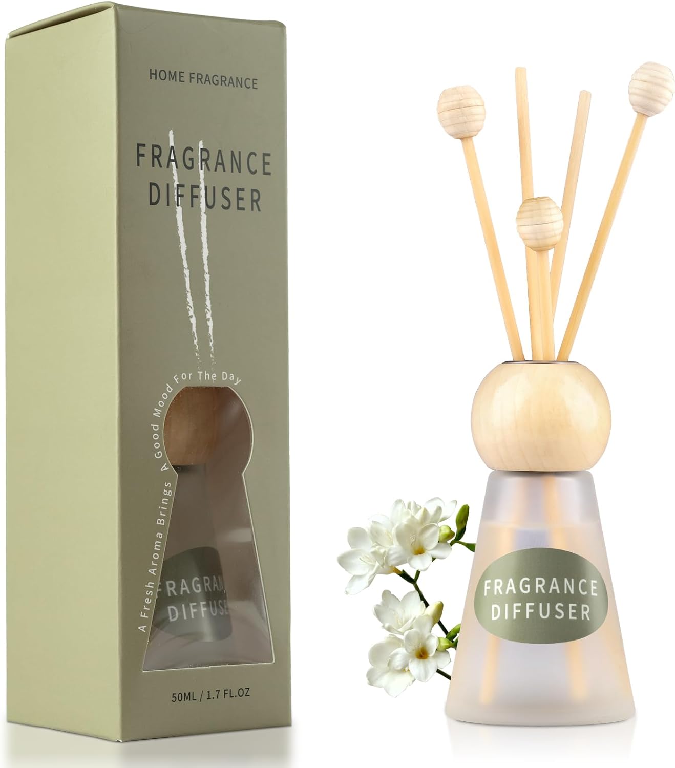 Reed Diffuser Set, Blue Bell Scent with Reed Sticks, 1.7 fl oz / 50ml Cone-Shaped Bottle with Round Wooden Cap, Ideal for Bathroom, Bedroom, Office, Home Fragrance for Shelf Decor Air Freshener Gift