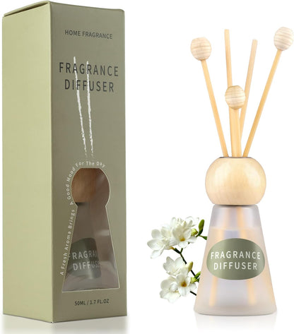 Reed Diffuser Set, Blue Bell Scent with Reed Sticks, 1.7 fl oz / 50ml Cone-Shaped Bottle with Round Wooden Cap, Ideal for Bathroom, Bedroom, Office, Home Fragrance for Shelf Decor Air Freshener Gift
