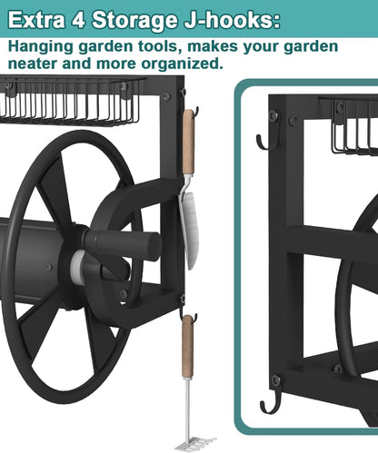 Artigarden Outdoor Wall Mounted Hose Reel with Hook, Garden Heavy-Duty Water Holder Winder with 3.9 ft Leader Hoses, Brass Fitting and Storage Basket for Yard, Holds 125 Ft of 5/8-Inch Hose, Black