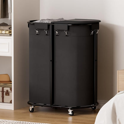 200L Double Laundry Hamper with Lid and Wheels, Large Oval Rolling Laundry Basket 2 section, Sturdy Metal Laundry Cart with 2 Removable Bags, Dirty Clothes Organizer for Home, Dorm, Black