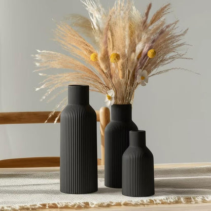 White Ceramic Flower Vases Set of 3, Modern Matte Vertical Ribbed, Nordic Minimalist Decor for Pampas, Dried & Fresh Flowers, Centerpiece for Living Room, Shelf, Entryway, Wedding,Office