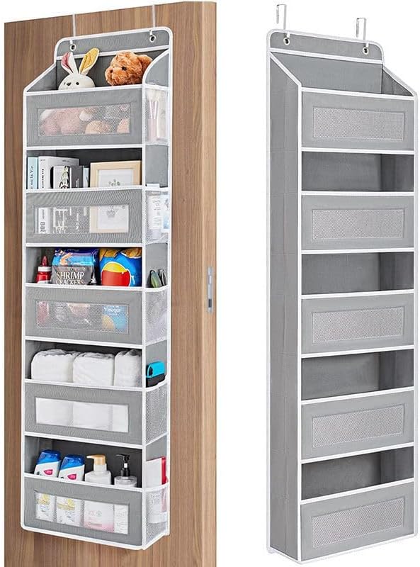 FUSHITON Over The Door Organizer with Anti-Tilt Design, 5 Shelf Hanging Grey Storage Rack Holds 44lb, Large Capacity Pockets for Bedroom Bathroom Pantry Nursery