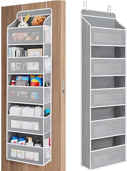 FUSHITON Over The Door Organizer with Anti-Tilt Design, 5 Shelf Hanging Grey Storage Rack Holds 44lb, Large Capacity Pockets for Bedroom Bathroom Pantry Nursery