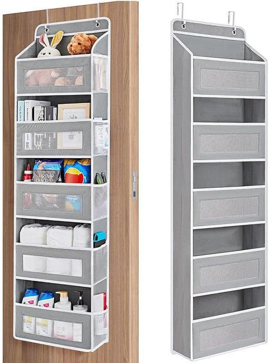 FUSHITON Over The Door Organizer with Anti-Tilt Design, 5 Shelf Hanging Grey Storage Rack Holds 44lb, Large Capacity Pockets for Bedroom Bathroom Pantry Nursery