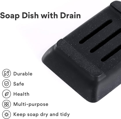 Soap Dish with Drain, Aimou Bar Soap Holder Saver Self Draining Waterfall Soap Sponge Tray Dishes, Easy Clean Soap Case Box Container for Bathroom Shower Kitchen Sink Countertop Black