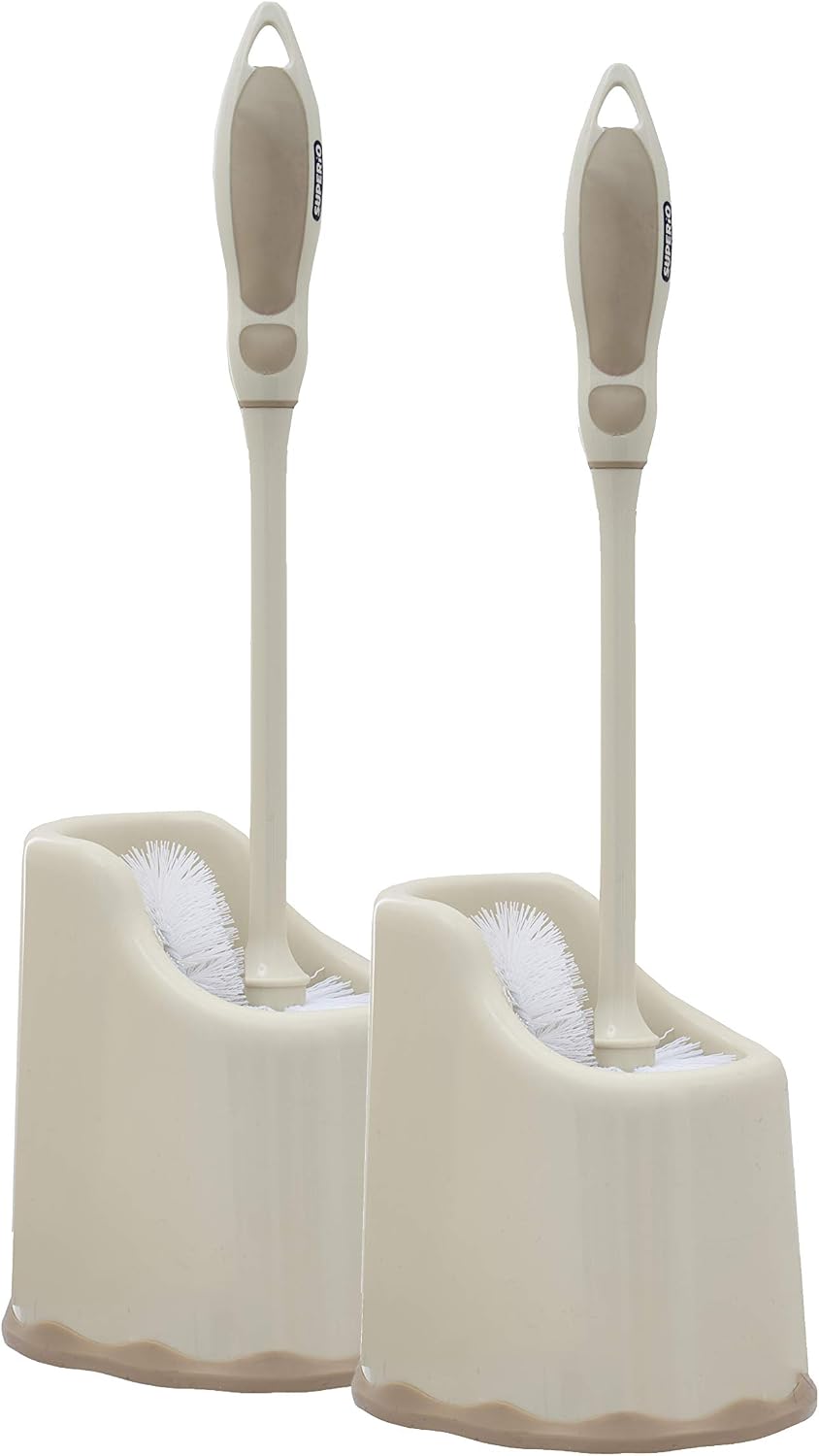 Superio Toilet Brush and Holder,Toilet Bowl Cleaning System with Scrubbing Wand, Under Rim Lip Brush and Storage Caddy for Bathroom, White and Blue