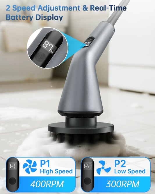 VICNOVA Electric Spin Scrubber, IPX7 Waterproof 2-Speed, Extendable Long Handle Cordless Cleaning Brush with 7 Replacement Brush Heads for Bathroom Shower Bathtub Glass Tub Tile Floor Car