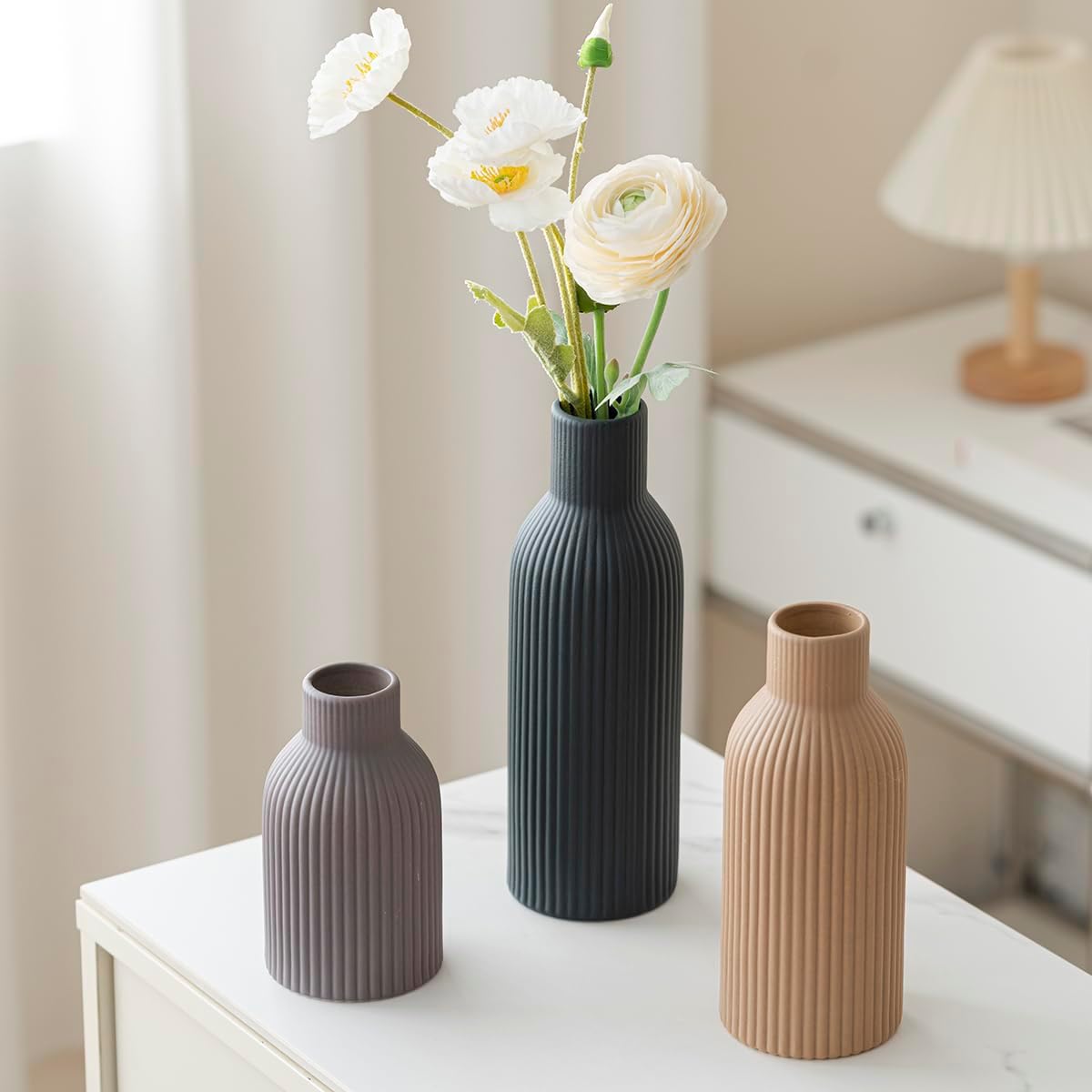 Modern Ceramic Vases Set of 3, Coffee Table Ribbed Decorative Vases, Shelf Table Centerpiece for Home Decor (Coffee Mix)