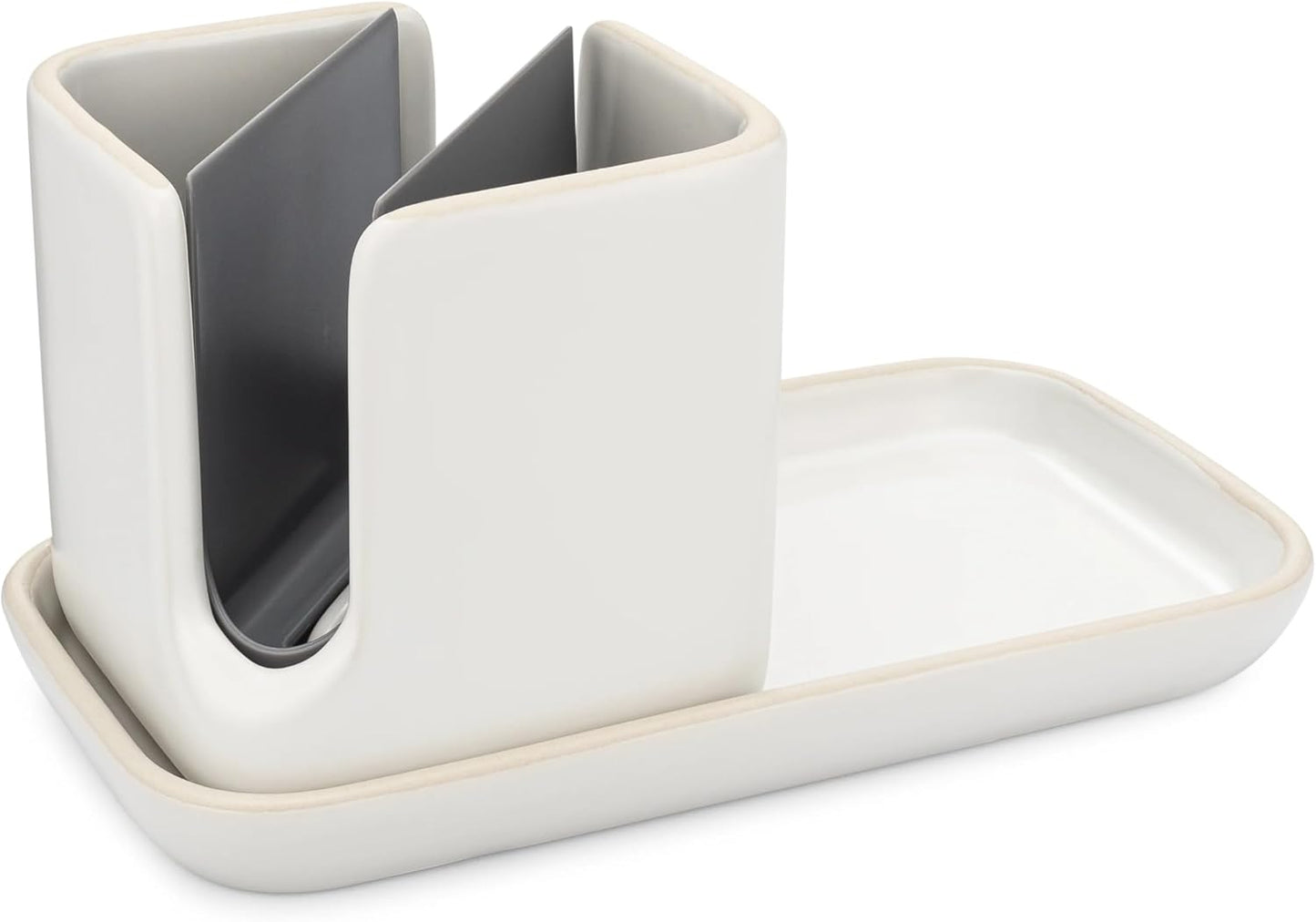 Full Circle Stash, Ceramic Kitchen Sink Caddy, Stylish Sponge Holder & Dish Brush Organizer, Easy to Clean, Dishwasher Safe, Rustproof, White and Gray, 11"