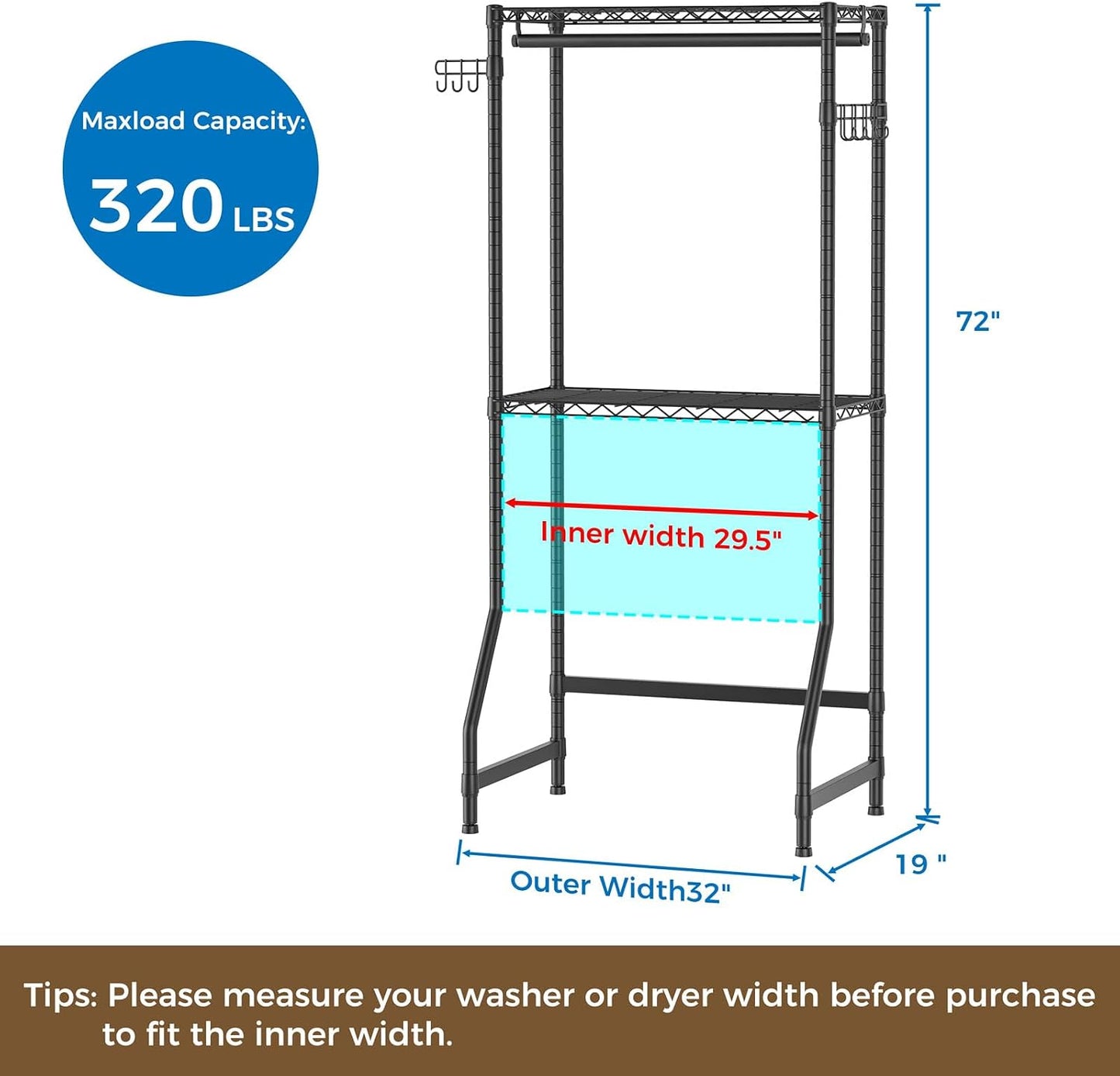 Golpart Over Washer and Dryer Shelves,Heavy Duty Laundry Room Storage Organization Clothes Drying Rack,5 Tier Adjustable Height Wire Shelving and Wire Basket with Hanger Rod&Hook,Space Saving Shelf