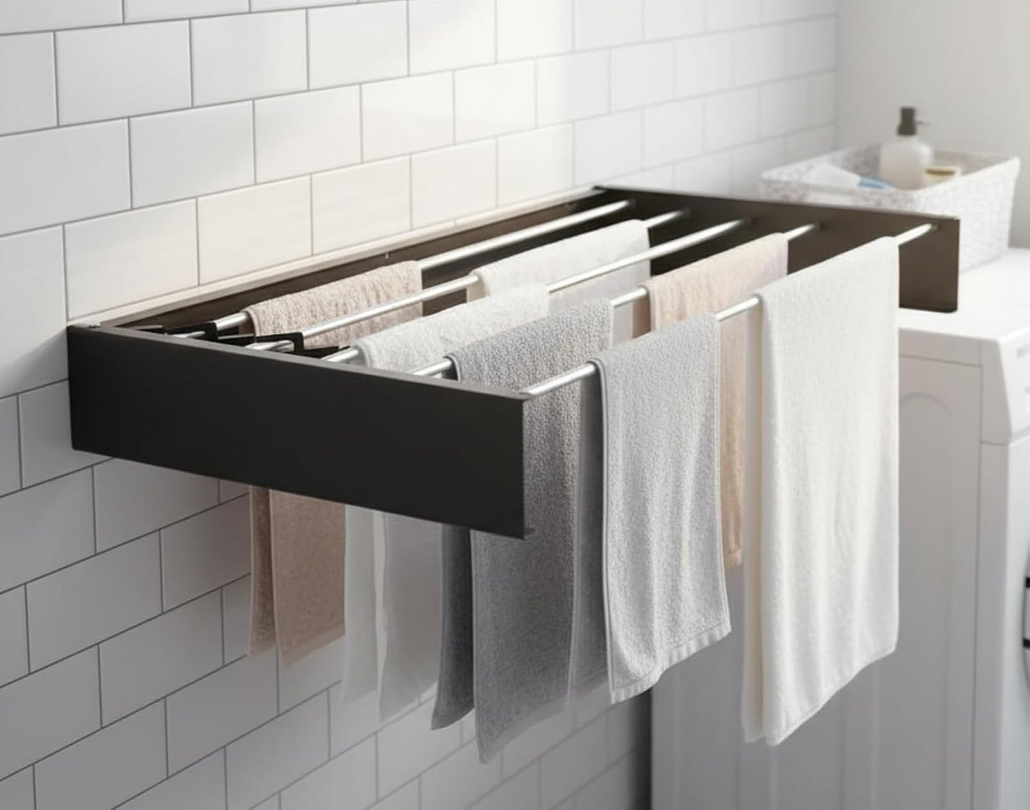 Wall Mounted Clothes Drying Rack, 32" Space Saving Foldable Laundry Drying Rack with Wall Template for Bathroom, Apartment, College Dorm (Black 5 Rods)