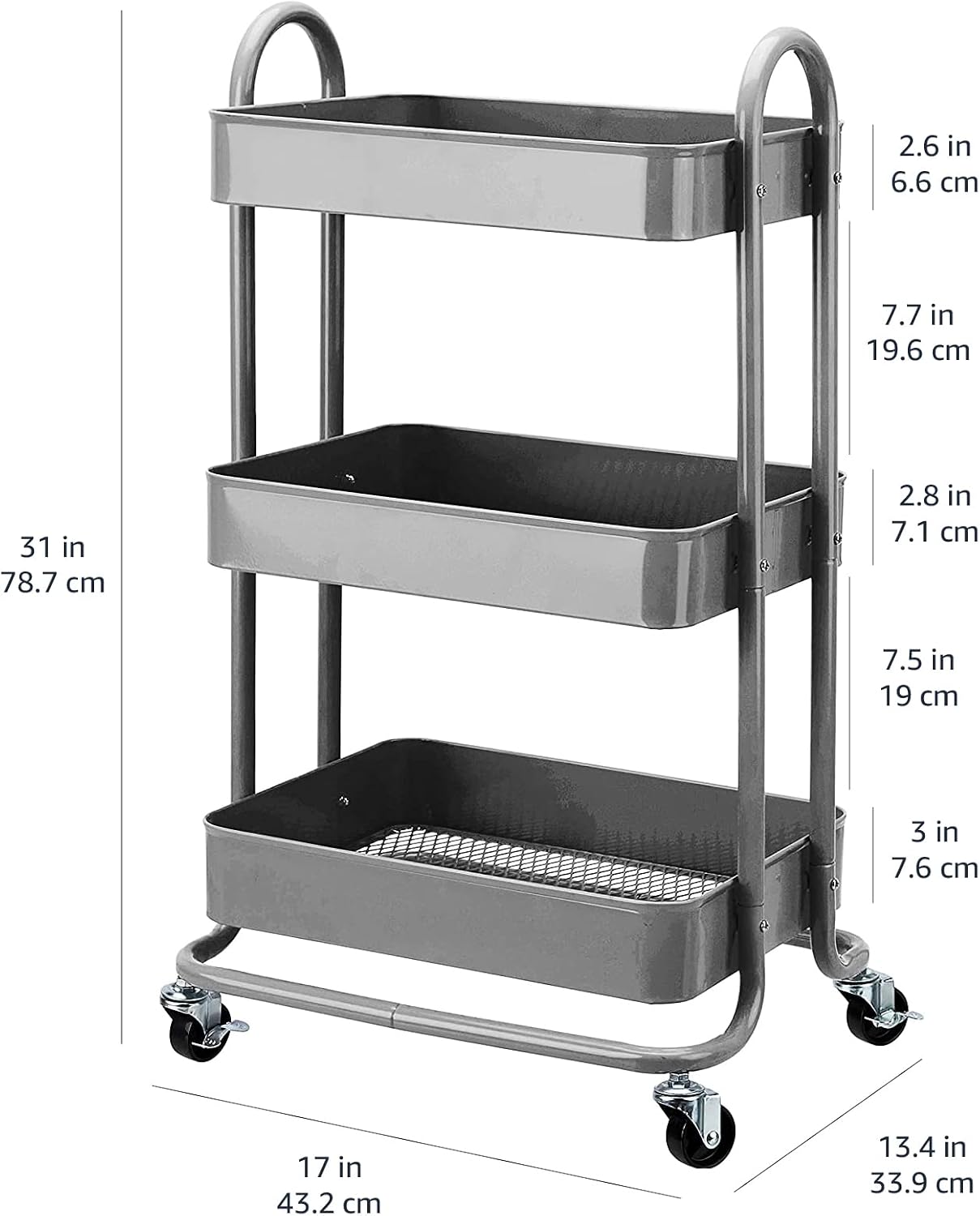 Amazon Basics 3-Tier Rolling Utility Cart, Storage Organizer, Lockable Wheels, Multifunctional Storage, Portable Mobile Shelving Unit, White