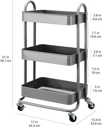 Amazon Basics 3-Tier Rolling Utility Cart, Storage Organizer, Lockable Wheels, Multifunctional Storage, Portable Mobile Shelving Unit, White