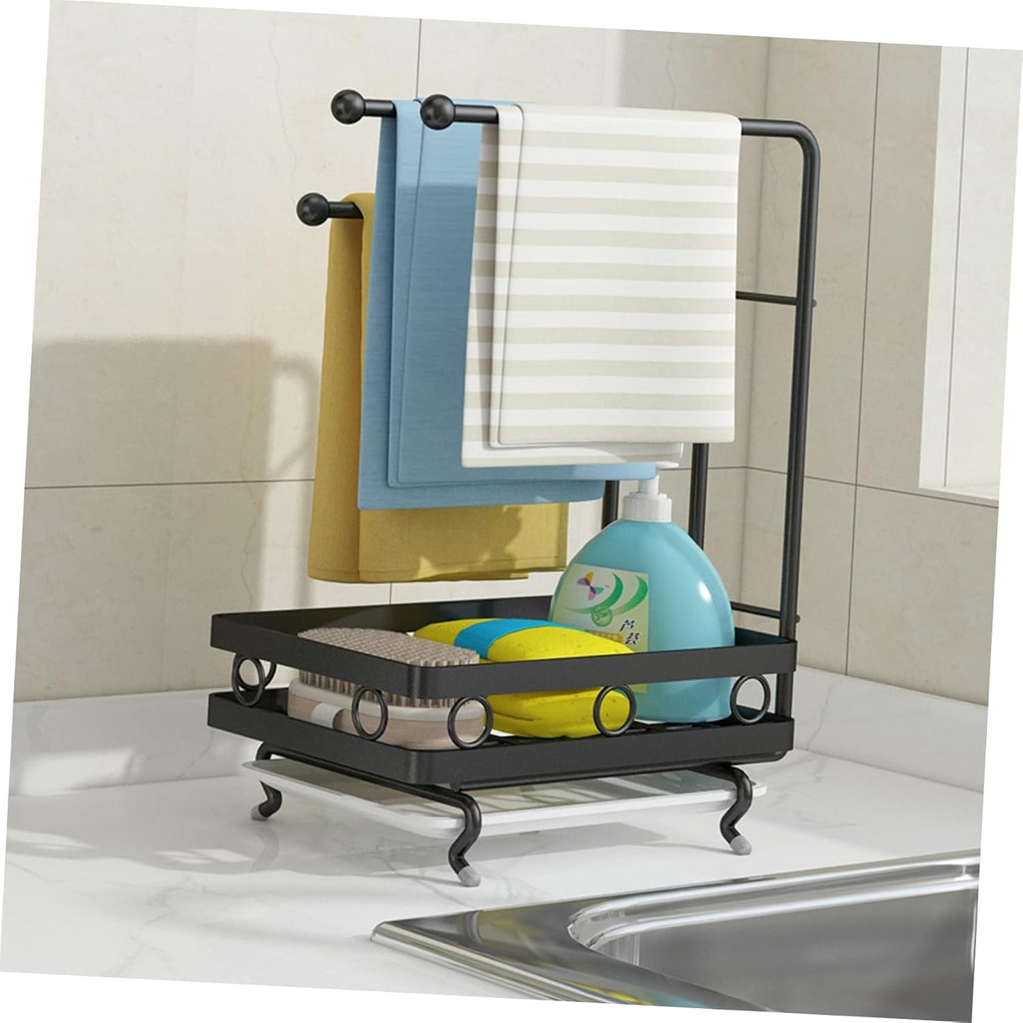 Amosfun Kitchen Storage Rack Drainage Holder Black 3-Rod Wall-Mounted and Desktop Sponge Rag Shelf for Dishcloths and Cleaning Supplies