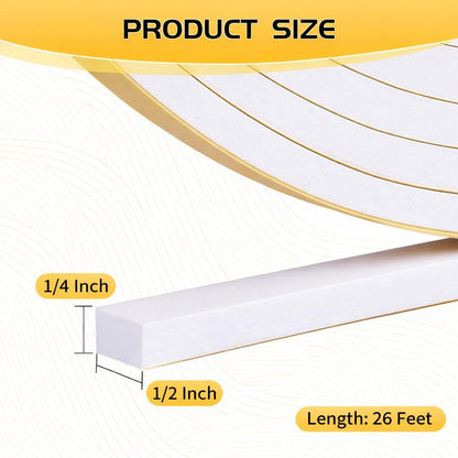 26Ft Weather Stripping Door Seal - 1/2" x 1/4" Door Seal Strip for Door Frame, High Density Foam Insulation Tape, Self Adhesive, Soundproof Gap Filler for Doors, Windows, Sliding & AC Units, White