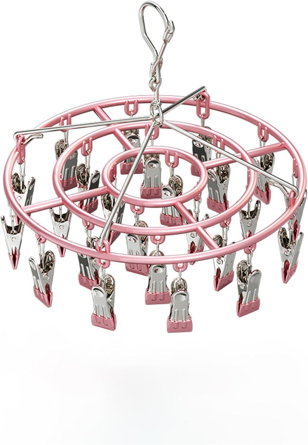 Stainless Steel Clothes Sock Drying Rack With 28 Clips, Swivel Hook Windproof Clothes Hanger Rack For Sock, Bras, Towel, Underwear, Hat, Scarf, Gloves, Pants Laundry Clothes Square28clamps pink