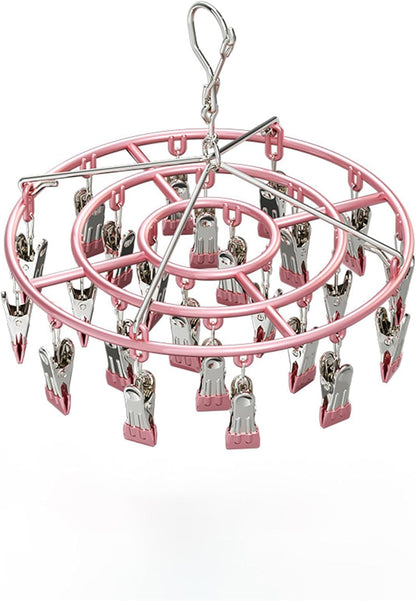 Stainless Steel Clothes Sock Drying Rack With 28 Clips, Swivel Hook Windproof Clothes Hanger Rack For Sock, Bras, Towel, Underwear, Hat, Scarf, Gloves, Pants Laundry Clothes Square28clamps pink