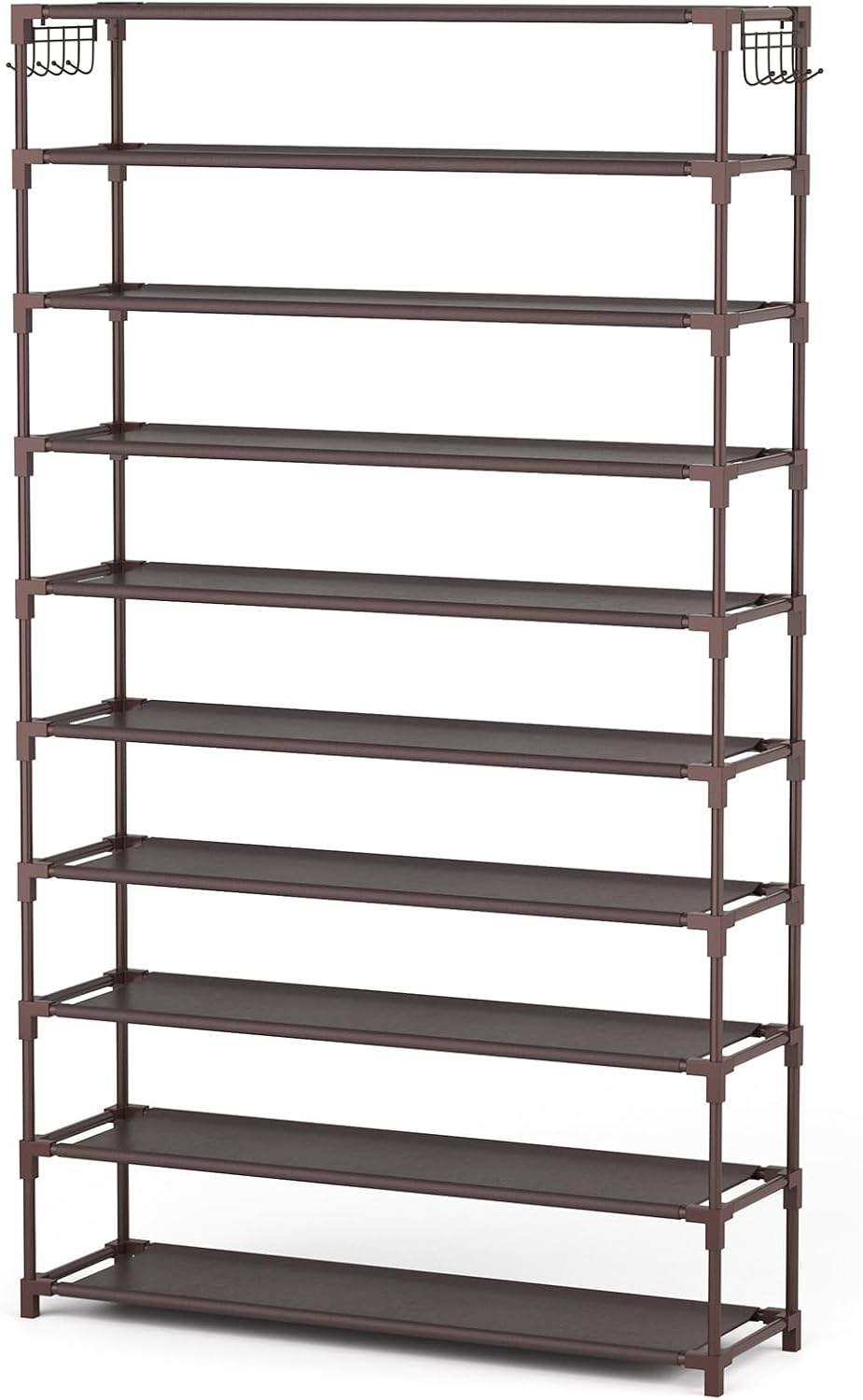 LANTEFUL 10 Tiers Shoe Rack 50 Pairs Large Capacity Tall Shoe Organizer Sturdy Shoe Storage with Two Hooks Space Saving Metal Wide Shoe Rack for Closet, Entryway, Bedroom, Black