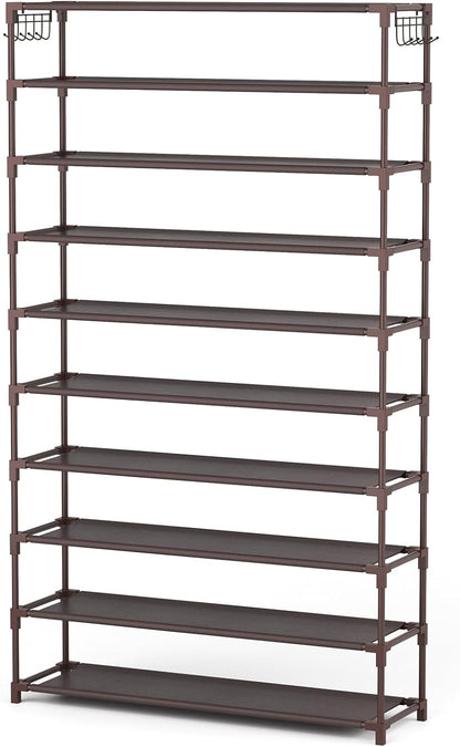 LANTEFUL 10 Tiers Shoe Rack 50 Pairs Large Capacity Tall Shoe Organizer Sturdy Shoe Storage with Two Hooks Space Saving Metal Wide Shoe Rack for Closet, Entryway, Bedroom, Black