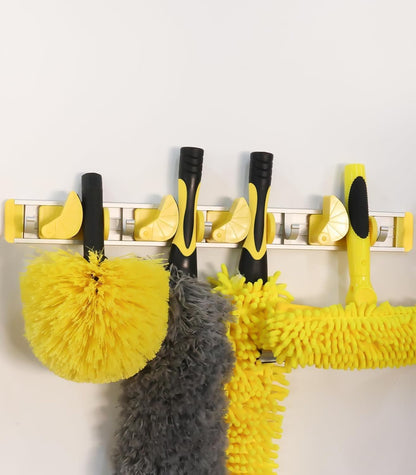 Wall-Mounted Mop and Broom Holder Storage Organizer with Good Grip, Cleaning Tools Hanger for Kitchen, Garden, Laundry Room and Garage, 4 Slots, 5 Hooks