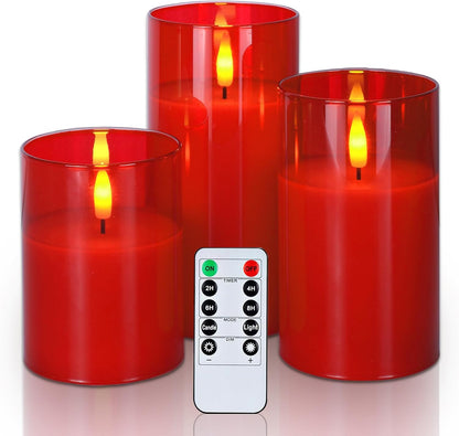 Amagic Clear Glass Flameless Candles Battery Operated with Timer, Remote Control, LED Pillar Candles, Battery Powered, Valentine's Day Decor, Pure White Wax, Set of 3