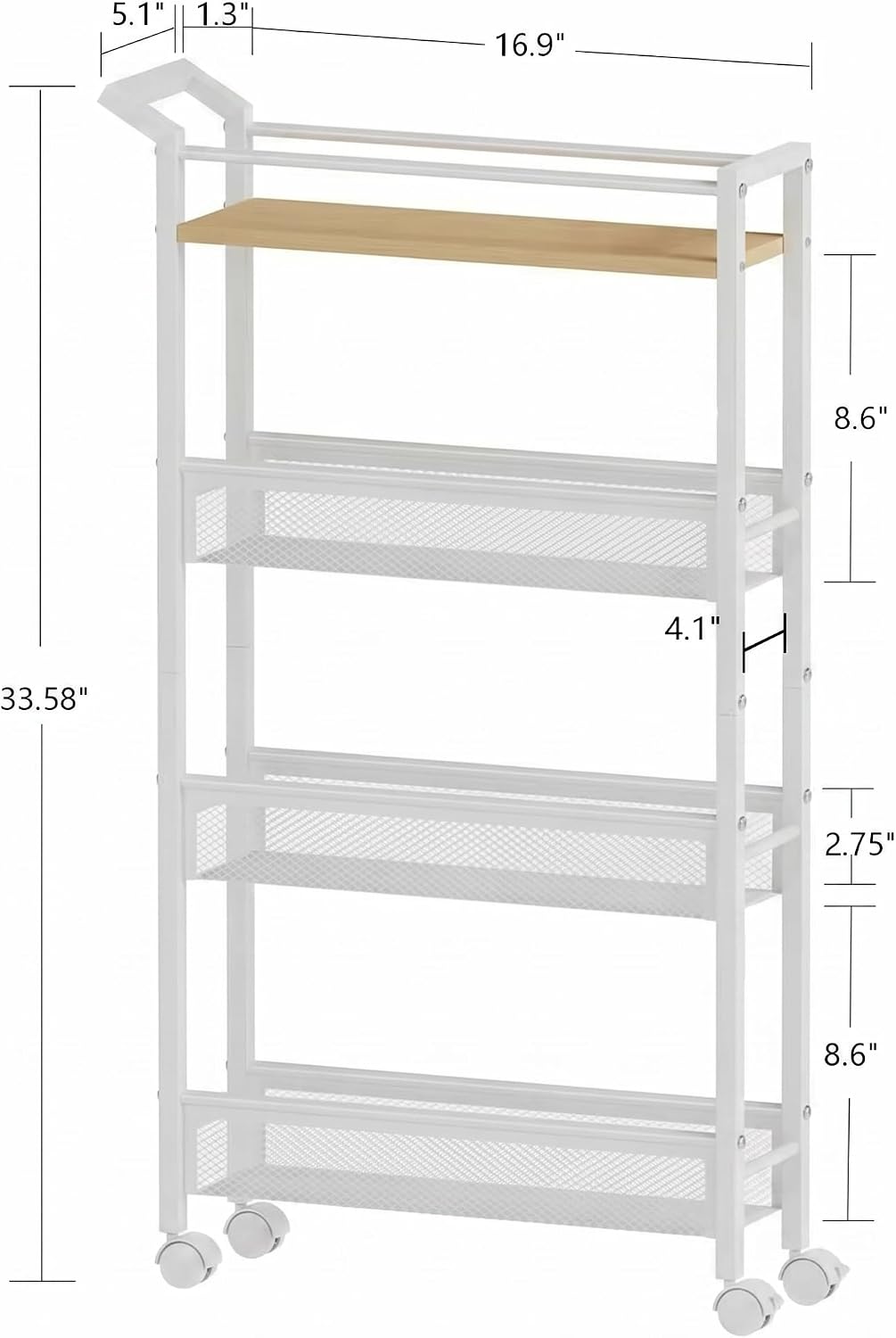 4 Tier Slim Rolling Storage Cart, 5.1 Inch Wide Narrow Storage Cart with Handle, Iron Wood Utility Slide Out Pantry Shelf Organizer for Laundry Room, Bathroom, Kitchen, Small Spaces,White