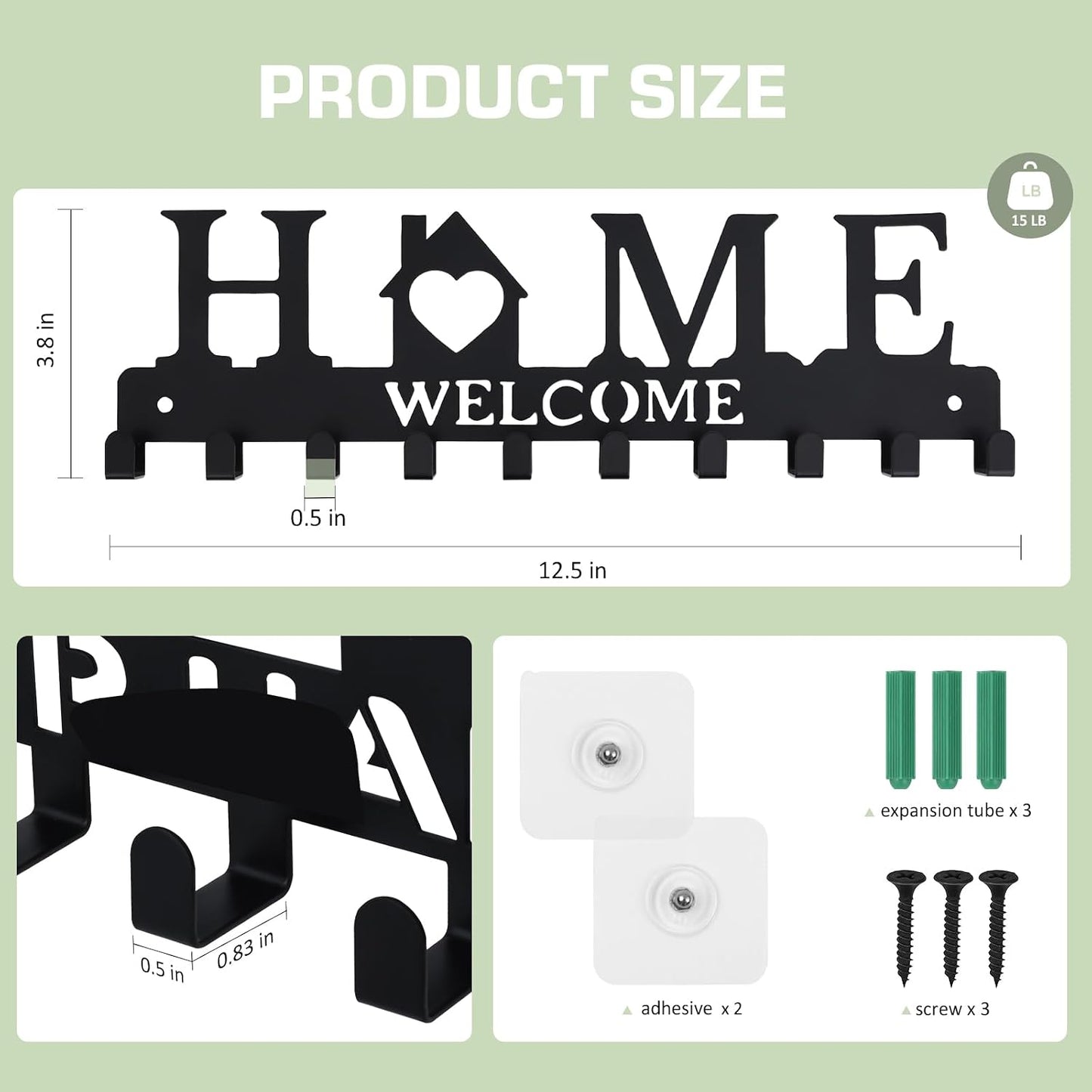 Key Holder Wall Mount, Adhesive Metal Key Hanger with 6 Double Hooks, 2 Installation Methods, Black