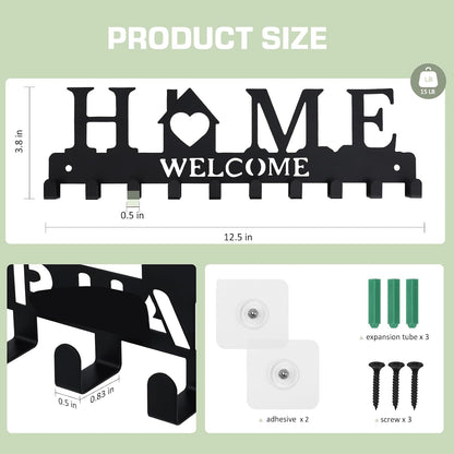 Key Holder Wall Mount, Adhesive Metal Key Hanger with 6 Double Hooks, 2 Installation Methods, Black