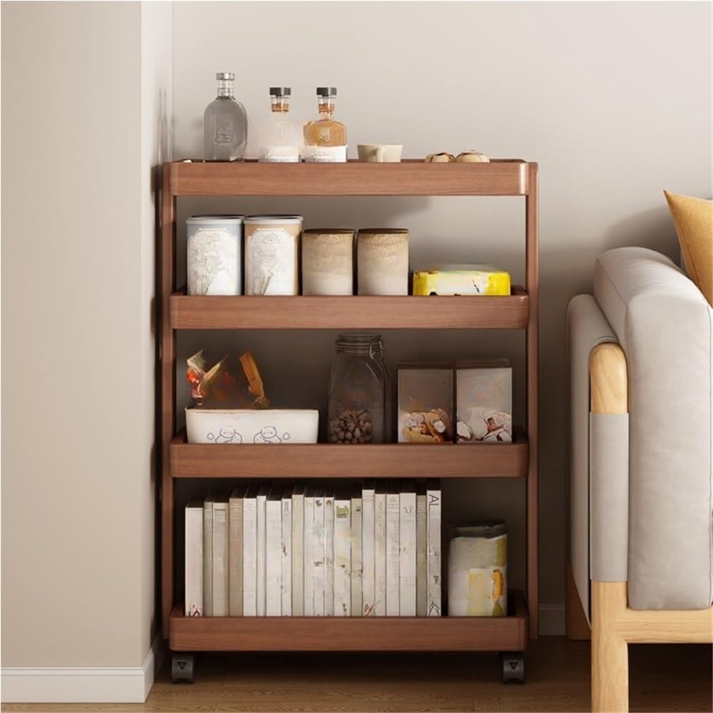 Tea Cart, Storage Rack, Rolling Cart with 4 Tiered Storage, Storage Cart with Universal Wheels and Heightened and Widened Columns, Utility Wood Cart for Bedrooms, Living Rooms(Beige,15.8x7.9x31.9in)