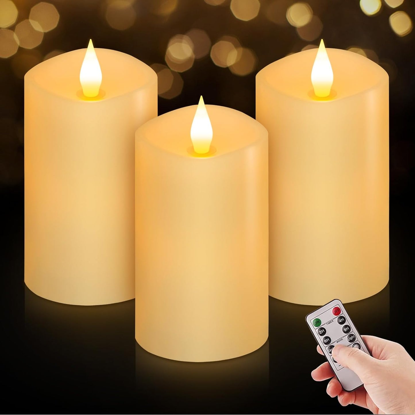 3x3 Flickering Flameless Candles Set of 2, 2AA Battery Life 600 Hours Battery Candles Flickering with Timer,3 inch Flameless Candles with Remote for Indoor/Outdoor, Ivory