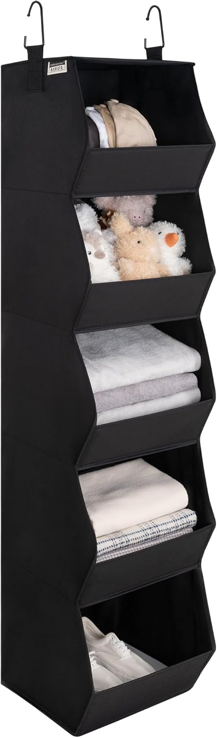StorageWorks Basics Hanging Closet Organizer, 4-Shelf Wide Trapezoid Closet Shelves with Reinforced Anti-Sagging Support for Sweaters, Hoodies and Handbags, Foldable Storage Organizer, Beige