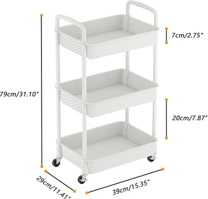 MOYIPIN 3-Tier Plastic Rolling Utility Cart with Handle,Utility Storage Cart for Office, Living Room, Kitchen,Movable Storage Organizer Shelves,White