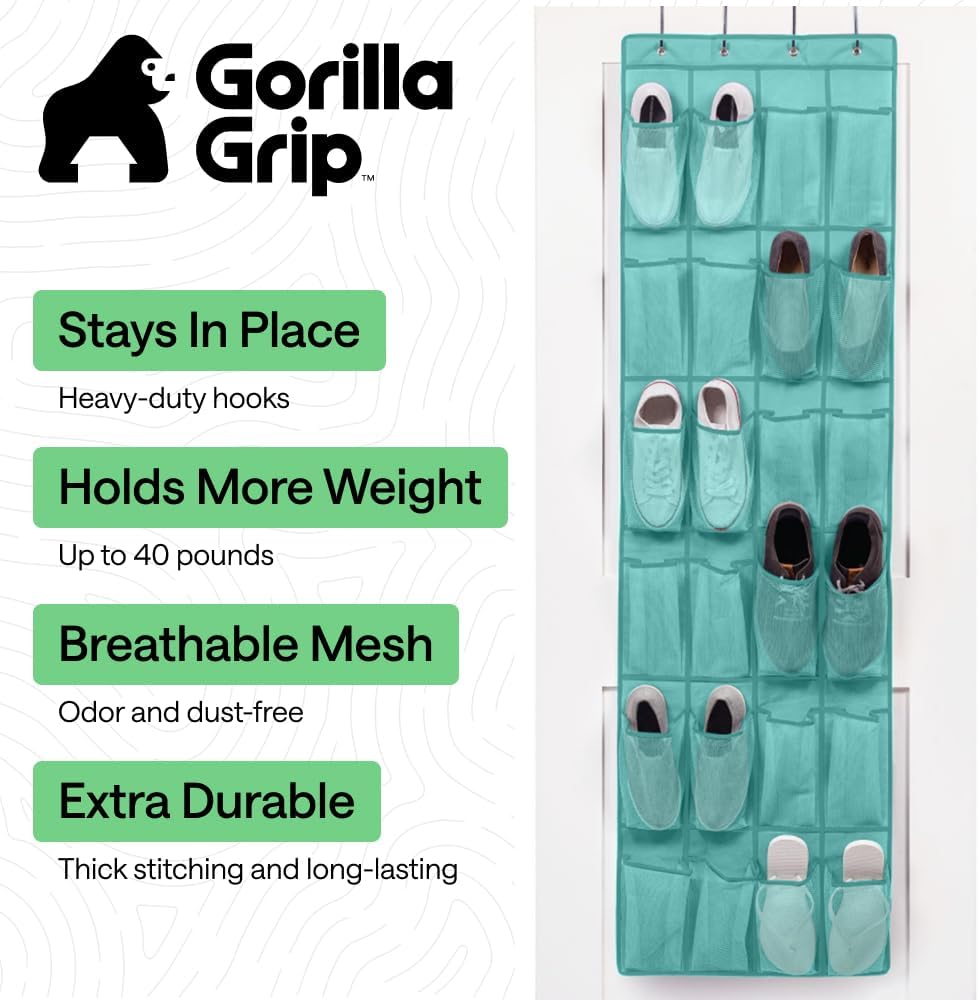 GORILLA GRIP Over the Door Shoe Organizer, 24 Large Breathable Mesh Pockets, Space Saving Hanging Storage Holder, Closet Rack Hanger Holds Up to 40 lbs, Hangs on Closets for Shoes, Accessories, Grey
