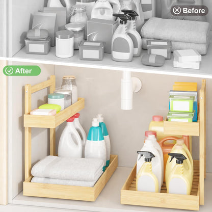 Under Sink Organizer - 2-Tier Pull Out Cabinet Organizer Vertical Slide Out Sink Shelf Storage Shelves for Multi-Purpose Bath Kitchen Bathroom Medicine (Nature, 2 Packs)