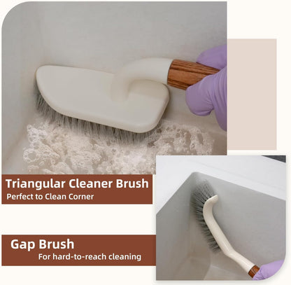 4-Pack Heavy Duty Scrub Brushes Set with Wooden Handles, Triangle & Square Floor Scrubber, Dish Brush, Grout Cleaner for Kitchen, Bathroom, Tile, Carpet & Stubborn Stains Removal