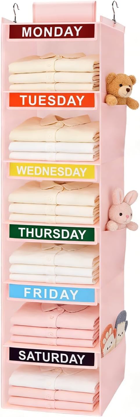 Weekly Clothes Organizer for Kids, 5-Shelf Kid Hanging Closet Organizer w/ 6 Side Pockets, Labeled Weekly Outfit Organizer for Kids, Days of The Week Clothes Organizer Monday Through Friday White
