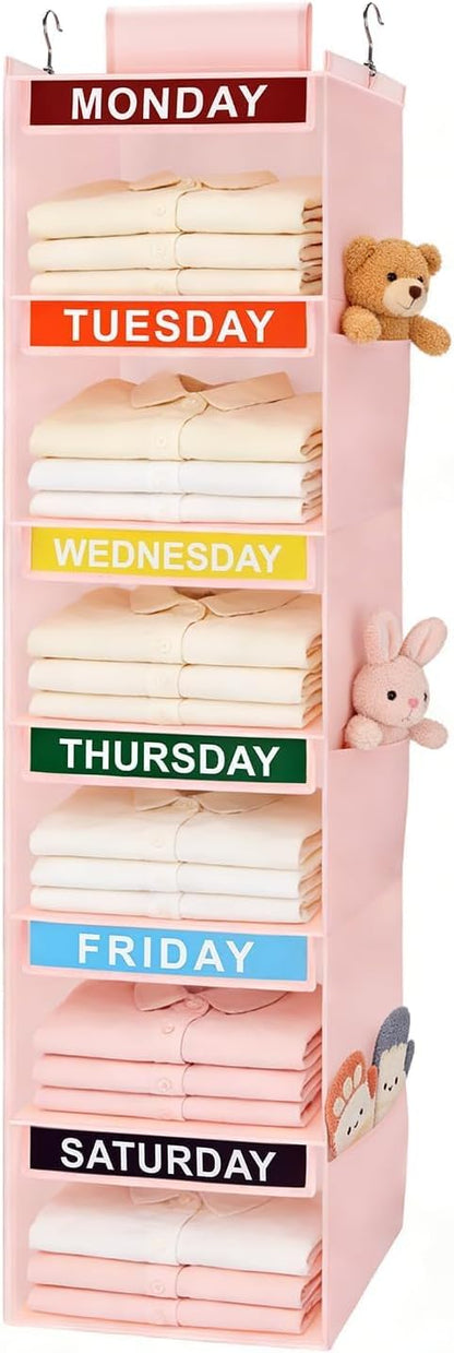 Weekly Clothes Organizer for Kids, 5-Shelf Kid Hanging Closet Organizer w/ 6 Side Pockets, Labeled Weekly Outfit Organizer for Kids, Days of The Week Clothes Organizer Monday Through Friday White