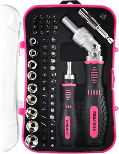 TOOLMAK 61pcs Ratcheting Screwdriver, Socket & Precision Bit Set | Cr-V Steel, Rotatable Handle, Storage Case Included, Ideal for Bike, Watch & Glasses Repair