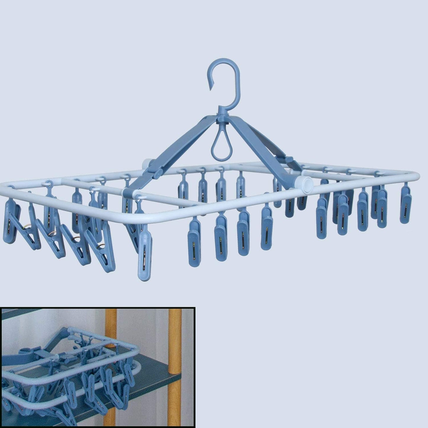 Foshine Foldable Clip Hangers Plastic Blue with 32Pcs Drying Clips | Drip Hanger Foldable Wind-Proof Hook For Underwear Socks Bras Lingerie Clothes
