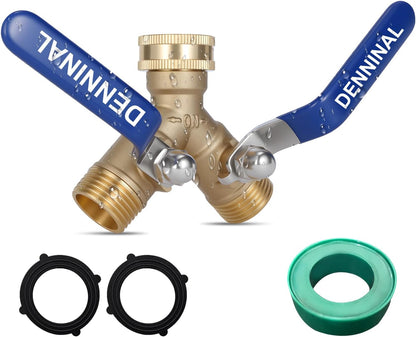 Brass Garden Hose Splitter 2 Way Heavy Duty, Safe Water Hose Splitter with 304 Stainless Steel Long Handle, Outdoor Full Flow Hose Bib Splitter Connector, Y Valve 3/4 Inch GHT Thread