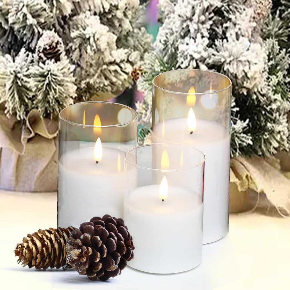 Battery Operated Flameless Candles with Remote Timer Real Wax Realistic Bright Flicker Flickering Electric Electronic LED Pillar Lights Home Wedding Party Decorations Set of 3 Rustic Texture Gray Grey