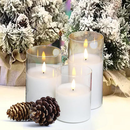Battery Operated Flameless Candles with Remote Timer Real Wax Realistic Bright Flicker Flickering Electric Electronic LED Pillar Lights Home Wedding Party Decorations Set of 3 Rustic Texture Gray Grey