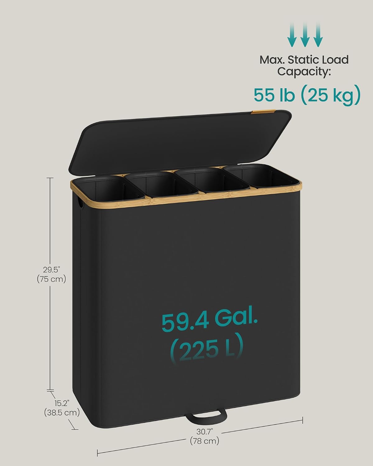 SONGMICS Laundry Hamper, Laundry Sorter with Lid, Storage Basket Bin, Removable Liners, Bamboo Frame, for Bedroom, 3 Sections, 44.9 Gal. (170 L), Ink Black ULCB533BH01
