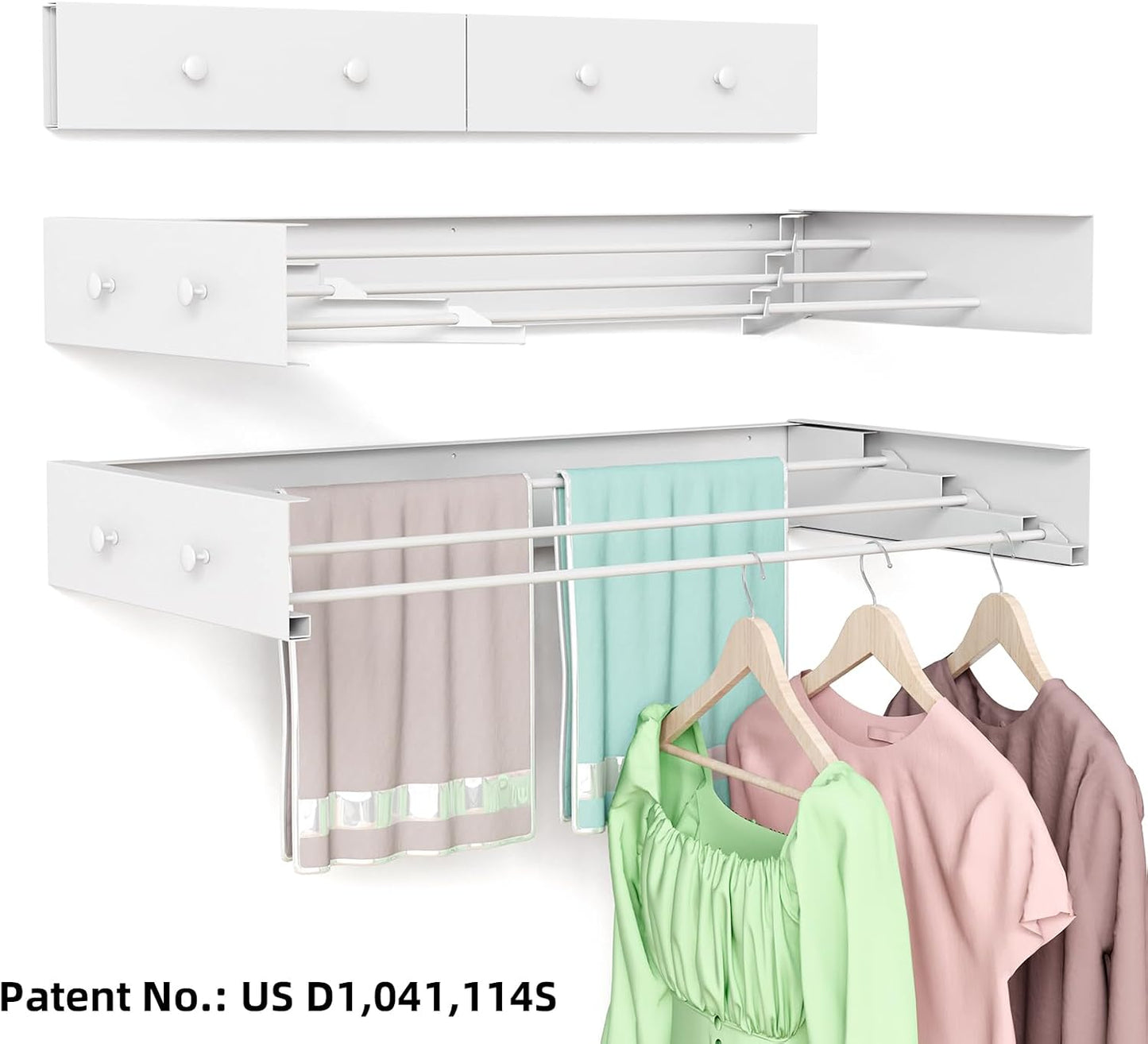 Wall Mounted Drying Rack 23.6'', Foldable Laundry Drying Rack Wall Mount with 4 Towel Hooks and 4 Rods, Space Saving Drying Rack Clothing for Indoor Outdoor Bathroom Balcony (White, 23.6'')