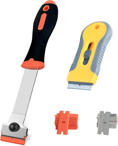 2 Pack Razor Blade Scraper with 10 Plastic and 20 Metal Blades for Removing Paint, Registration Sticker, Grease from Windshield, Glass Top Stove Cooktop Scraper