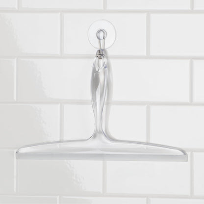 iDesign Plastic Bath Squeegee for Glass with Suction Hook Holder – 12", Clear