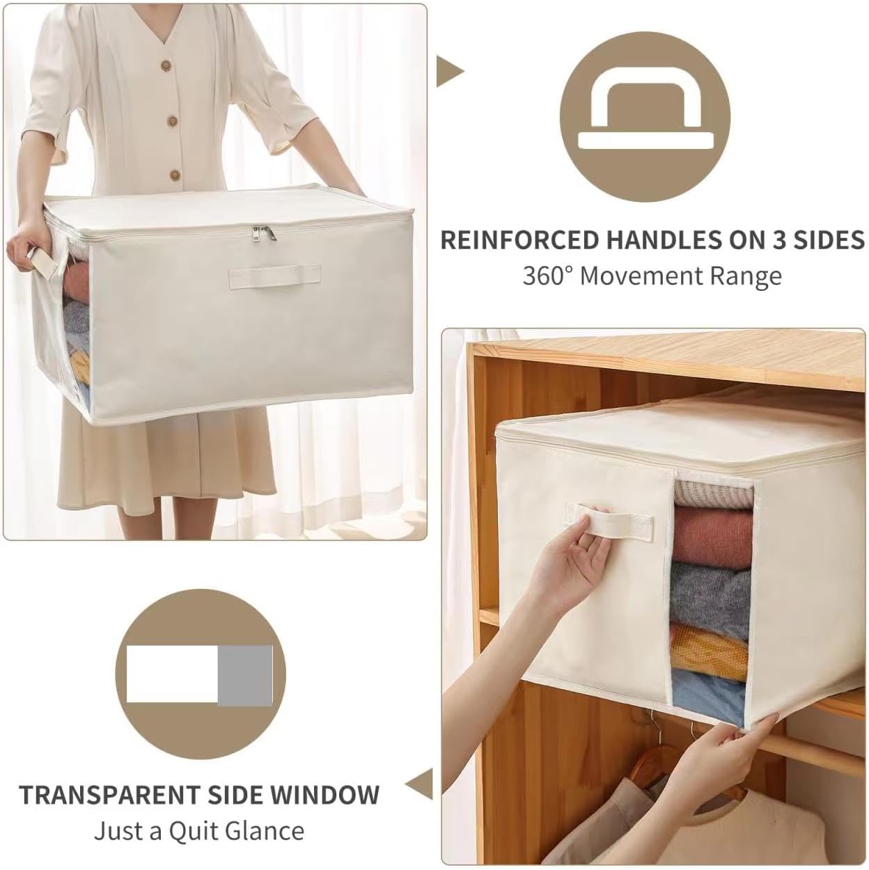 Canvas Comforters Bags Closet Organizers and Storage for Quilts Clothes Organization Containers Bins with Sturdy Zipper, Clear Window 75L for Sweaters Blankets Storage Bedroom Collapsible
