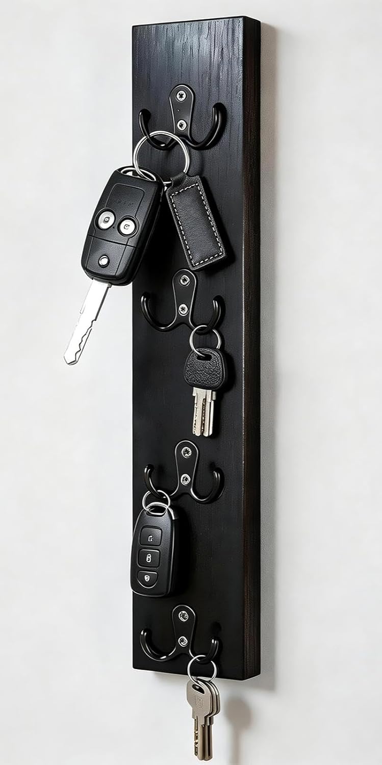 Yohsnor Vertical Key Holder for Wall - Mounted Wooden Key Rack Organizer with Hooks for Home Entryway, Laundry Room & Garage - Perfect Space-Saving Storage Solution for Keys, Wallets & Pet Leashes